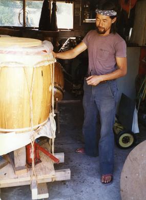 Mark Miyoshi, Mt. Shasta, 1982. Mark Miyoshi became the first professional taiko maker in the United States after he moves to Mt. Shasta, California, from Denver, Colorado.